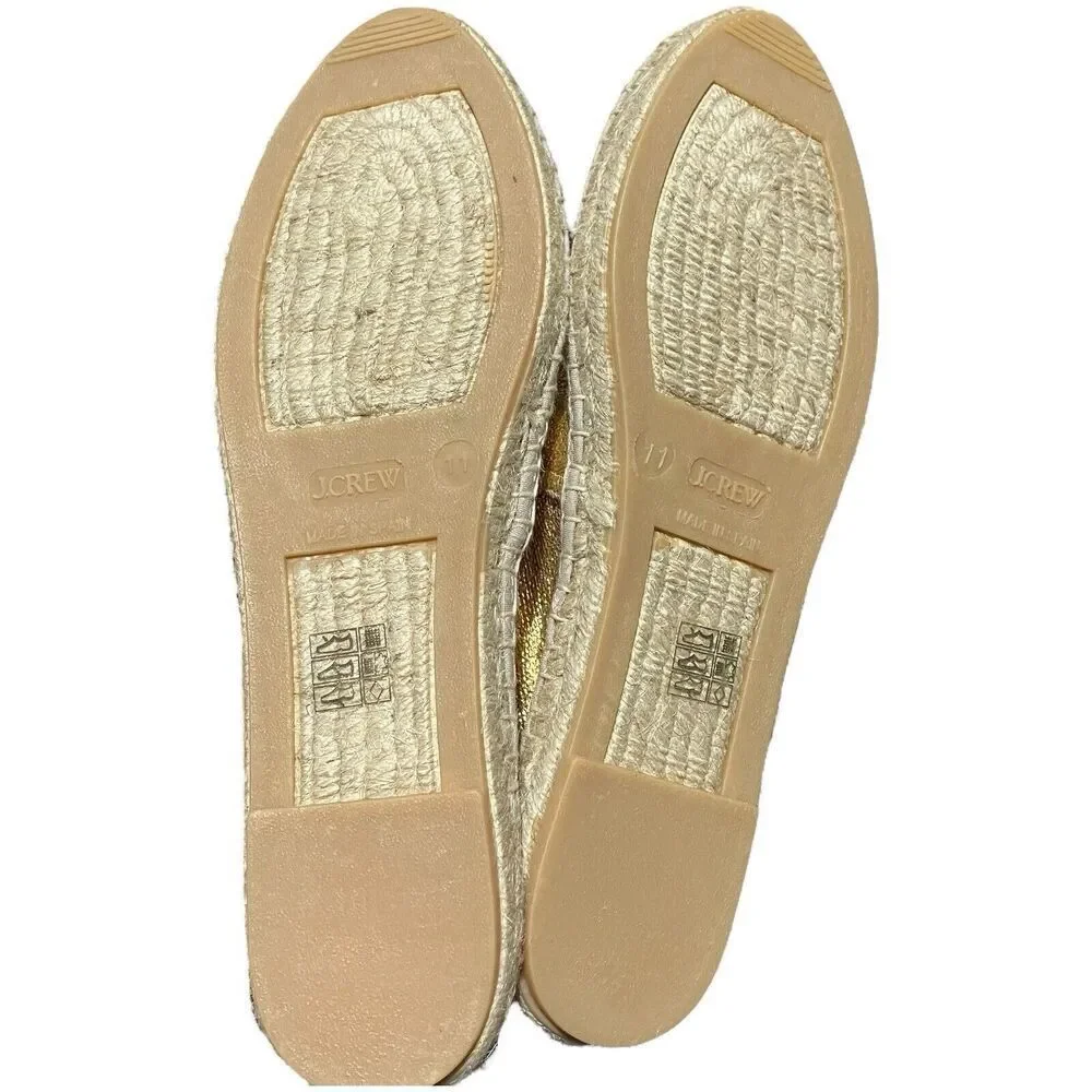 J Crew‎ Shoes 11 Gold Flats Made-in-Spain Espadrille Metallic Canvas Jute BT389